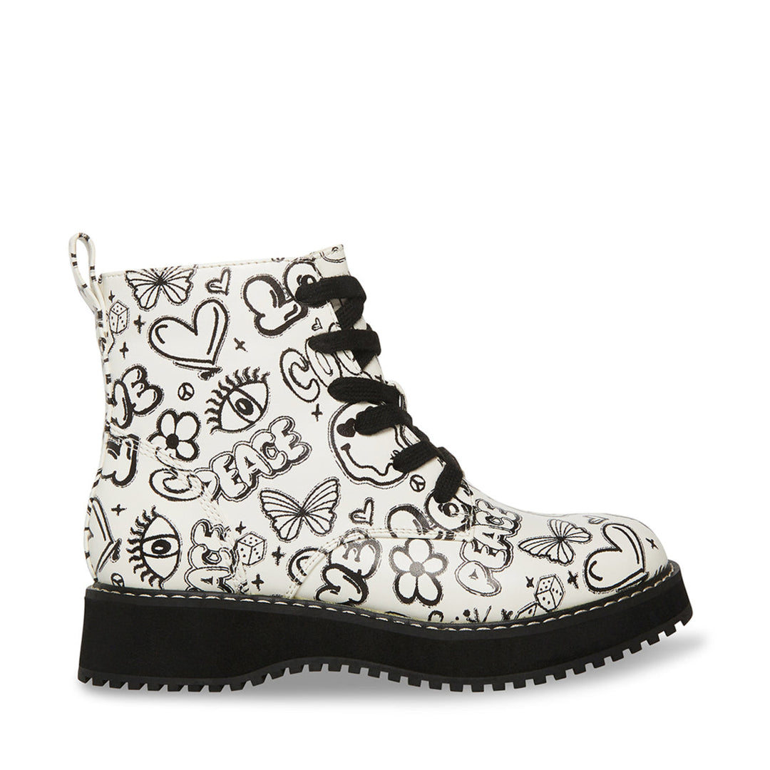 Botas Steve Madden blancas con plataforma negra y estampado de dibujos estilo graffiti en color negro.