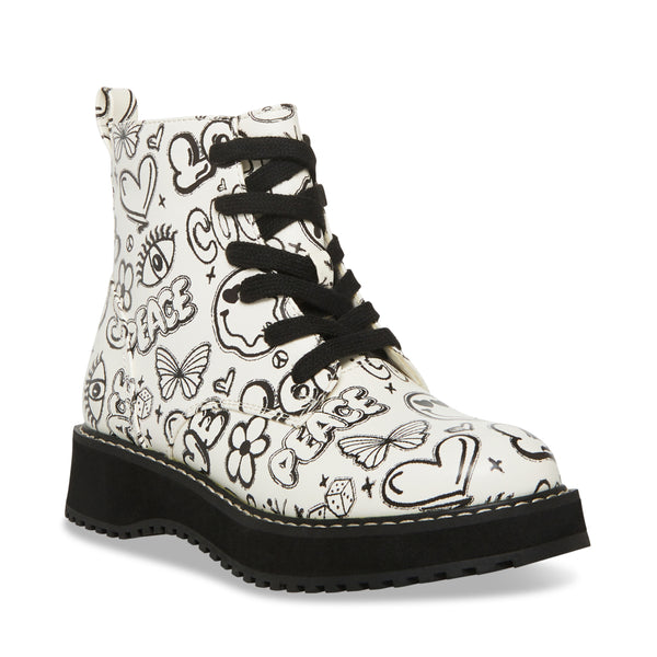 Botas Steve Madden blancas con plataforma negra y estampado de dibujos estilo graffiti en color negro.