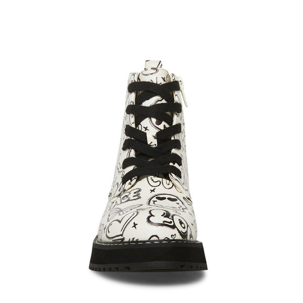 Botas Steve Madden blancas con plataforma negra y estampado de dibujos estilo graffiti en color negro.