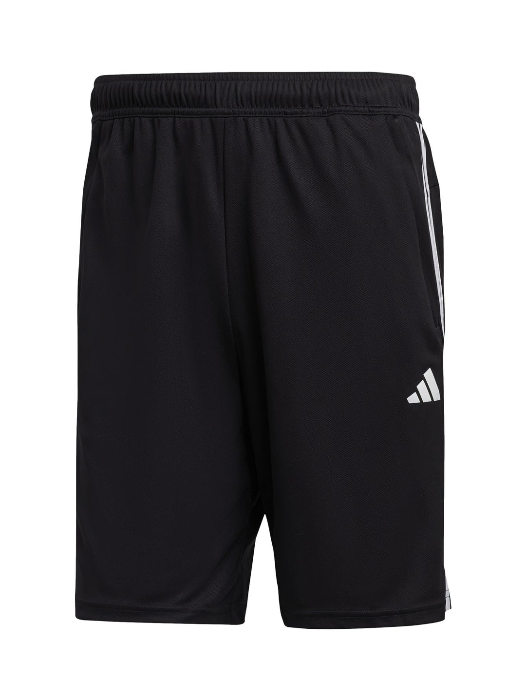 Shorts deportivos Adidas color negro con tres franjas blancas laterales y logo blanco en la pierna.