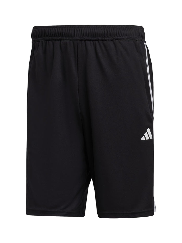 Shorts deportivos Adidas color negro con tres franjas blancas laterales y logo blanco en la pierna.