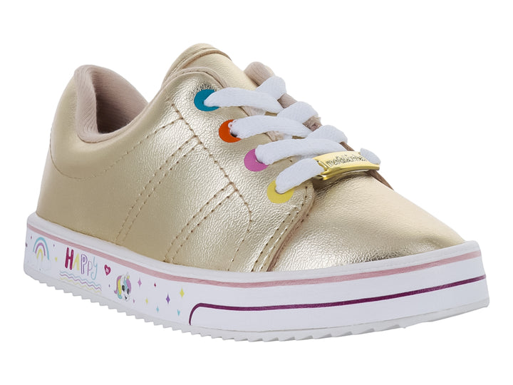 Tenis dorados metalizados para Niña con suela blanca decorada y agujetas multicolores.