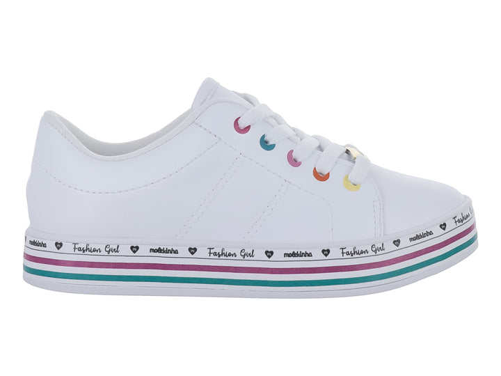 Tenis blancos Molekinha para Niña con ojillos de colores y franjas decorativas en la suela.