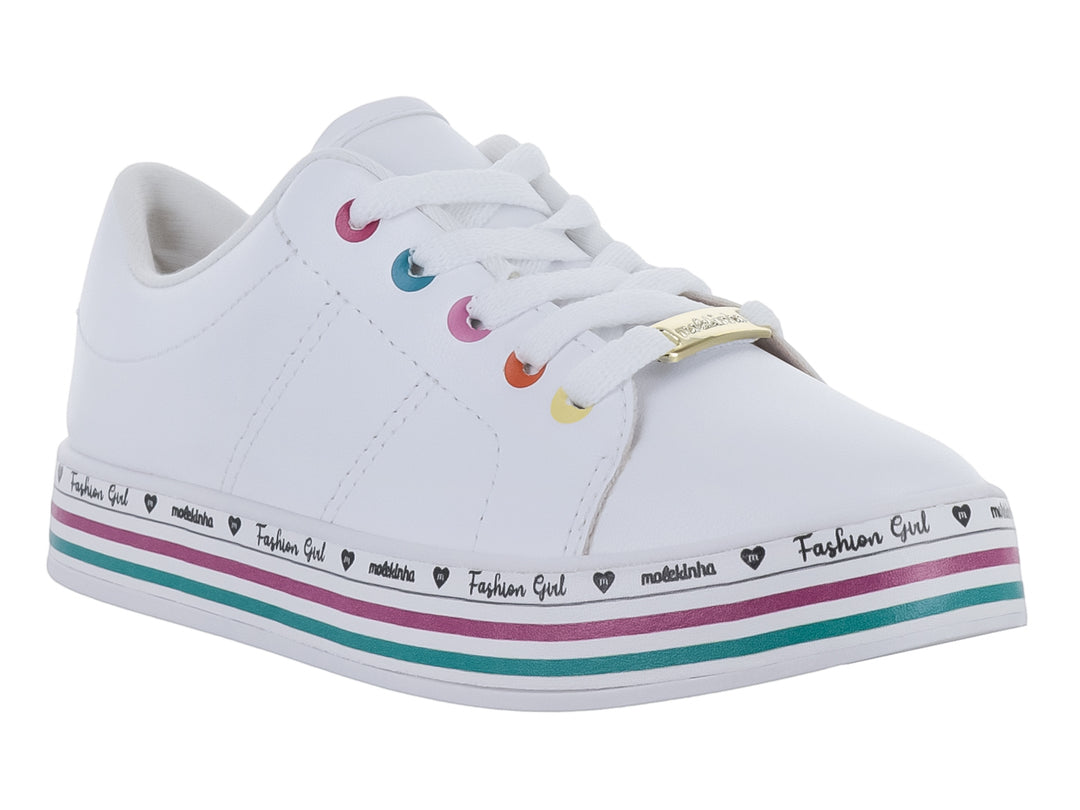 Tenis blancos Molekinha para Niña con ojillos de colores y franjas decorativas en la suela.