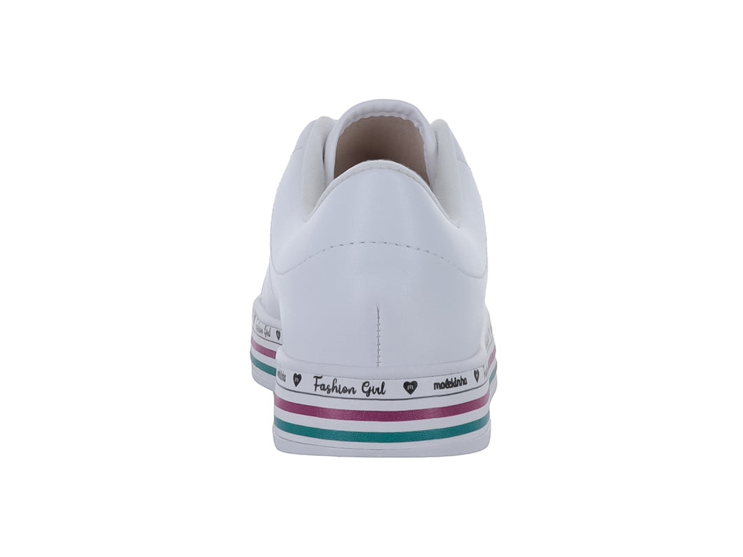 Tenis blancos Molekinha para Niña con ojillos de colores y franjas decorativas en la suela.
