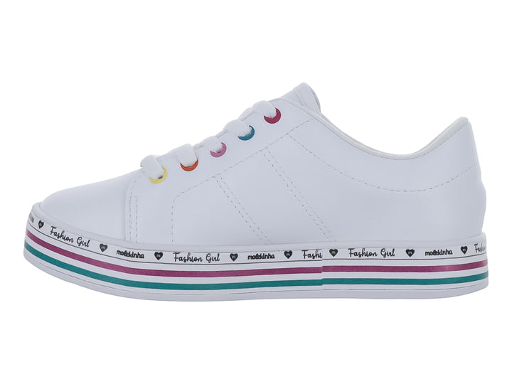 Tenis blancos Molekinha para Niña con ojillos de colores y franjas decorativas en la suela.
