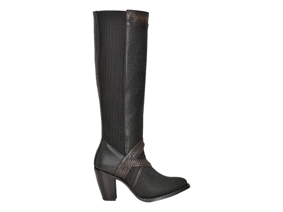 Bota vaquera alta de cuero negro para mujer con tacón bloque y detalles decorativos en marrón.
