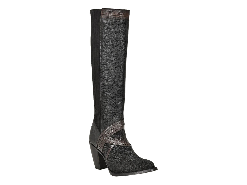Bota vaquera alta de cuero negro para mujer con tacón bloque y detalles decorativos en marrón.