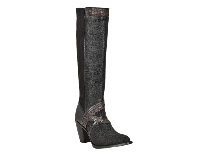 Bota vaquera alta de cuero negro para mujer con tacón bloque y detalles decorativos en marrón.