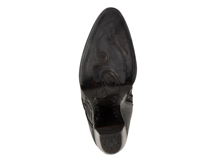 Bota vaquera alta de cuero negro para mujer con tacón bloque y detalles decorativos en marrón.