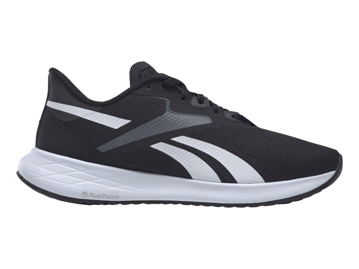 Tenis deportivos Reebok Energen Run 3 en color negro con suela blanca y detalles en gris.