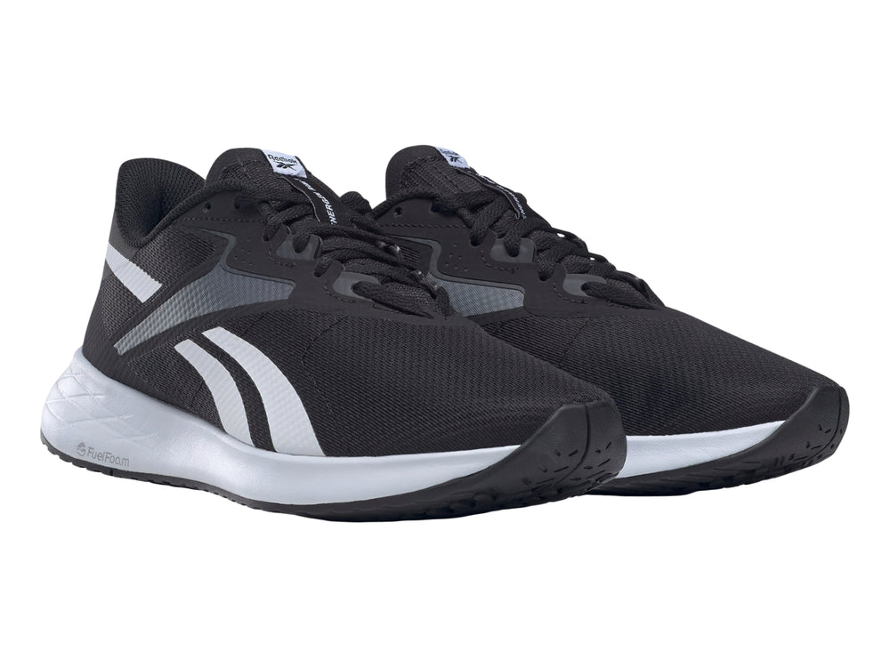 Tenis deportivos Reebok Energen Run 3 en color negro con suela blanca y detalles en gris.