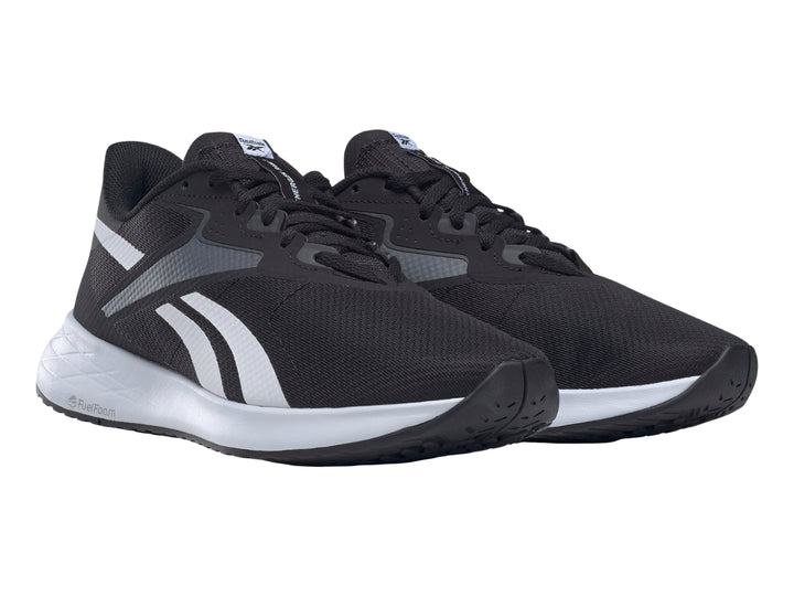 Tenis deportivos Reebok Energen Run 3 en color negro con suela blanca y detalles en gris.