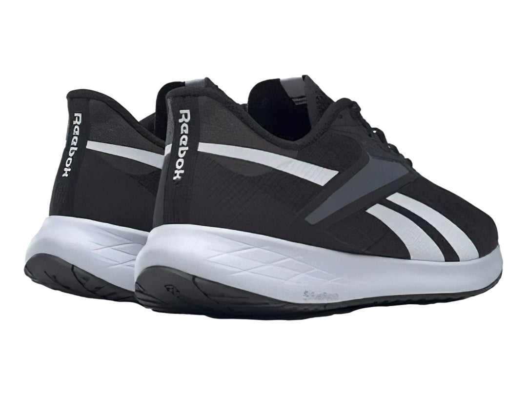 Tenis deportivos Reebok Energen Run 3 en color negro con suela blanca y detalles en gris.