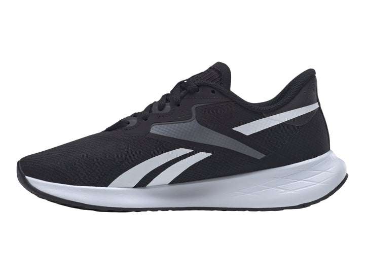 Tenis deportivos Reebok Energen Run 3 en color negro con suela blanca y detalles en gris.
