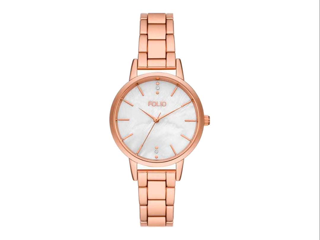 Set de reloj y pulseras en color oro rosa con detalles en blanco y perlas para mujer.