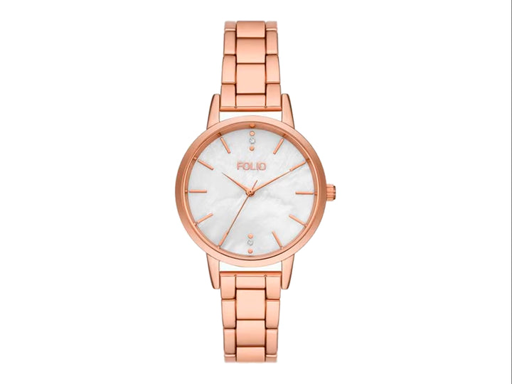 Set de reloj y pulseras en color oro rosa con detalles en blanco y perlas para mujer.