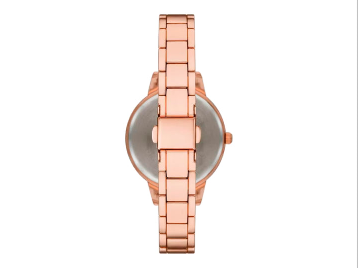 Set de reloj y pulseras en color oro rosa con detalles en blanco y perlas para mujer.
