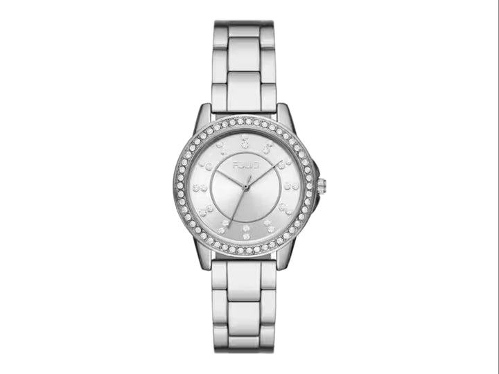 Set de joyería Folio color plata que incluye un reloj analógico y cinco pulseras coordinadas con detalles brillantes.