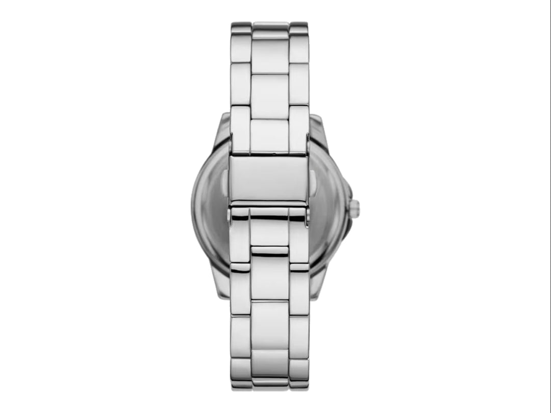 Set de joyería Folio color plata que incluye un reloj analógico y cinco pulseras coordinadas con detalles brillantes.
