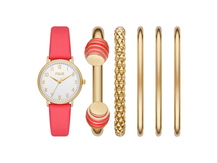Set de 6 piezas que incluye un reloj analógico con correa coral y cinco pulseras doradas coordinadas.