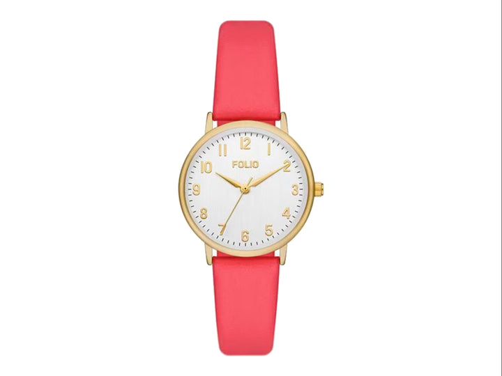 Set de 6 piezas que incluye un reloj analógico con correa coral y cinco pulseras doradas coordinadas.