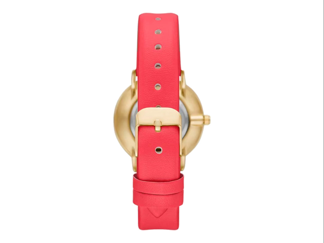 Set de 6 piezas que incluye un reloj analógico con correa coral y cinco pulseras doradas coordinadas.