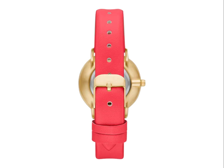 Set de 6 piezas que incluye un reloj analógico con correa coral y cinco pulseras doradas coordinadas.
