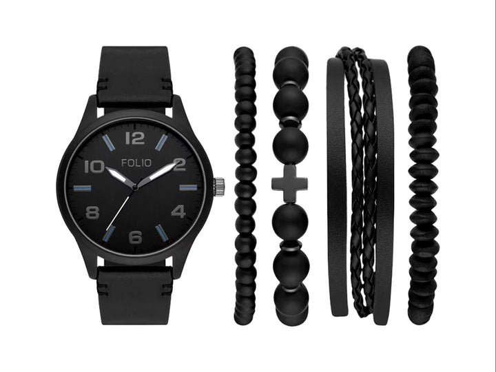 Set de 5 piezas para Hombre que incluye un reloj analógico negro y cuatro pulseras a juego en color negro mate.