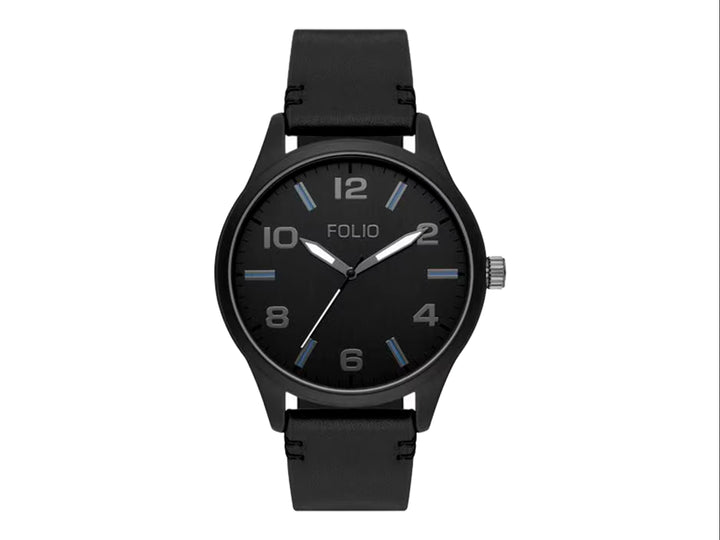 Set de 5 piezas para Hombre que incluye un reloj analógico negro y cuatro pulseras a juego en color negro mate.