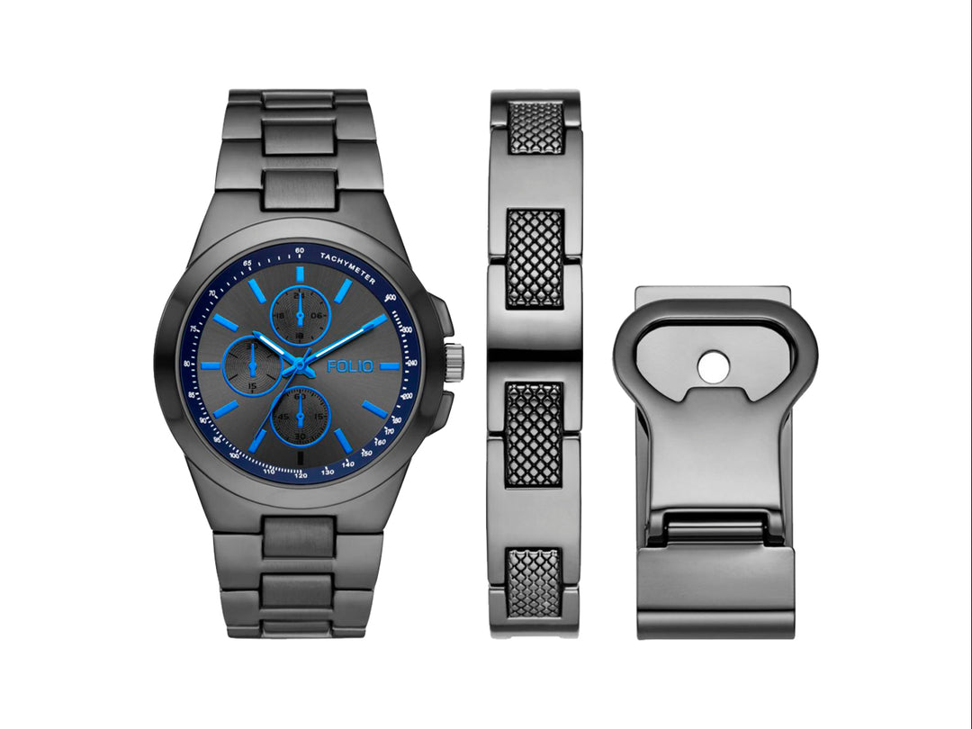 Set de reloj Folio color negro con detalles en azul, incluye correa adicional y mancuernilla.