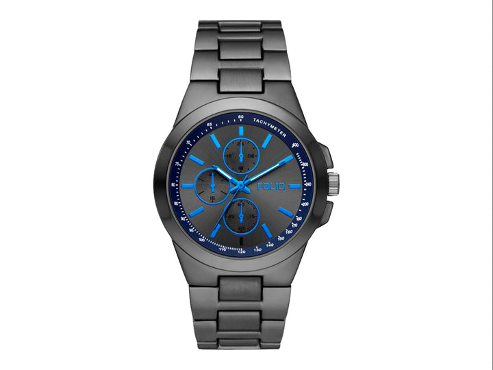 Set de reloj Folio color negro con detalles en azul, incluye correa adicional y mancuernilla.