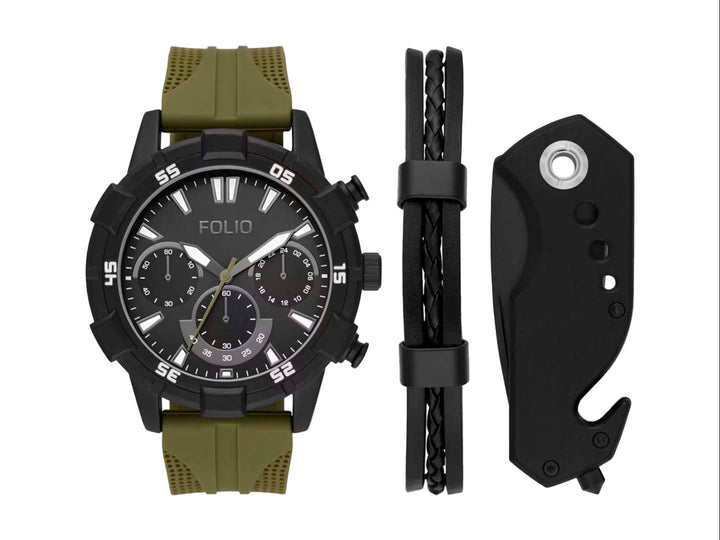 Set de 3 piezas Folio que incluye reloj negro con correa verde, pulsera trenzada y navaja táctica negra.