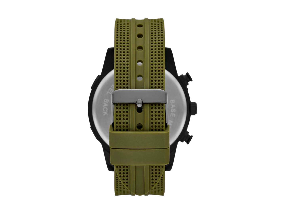Set de 3 piezas Folio que incluye reloj negro con correa verde, pulsera trenzada y navaja táctica negra.