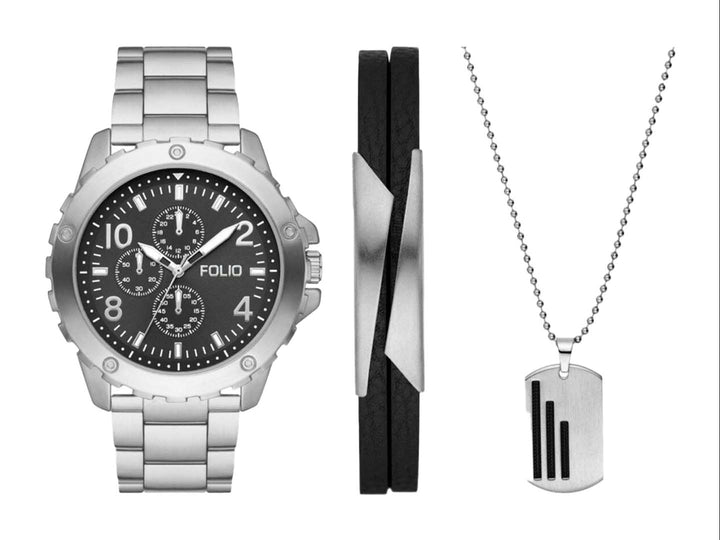 Set de 3 piezas para hombre marca Folio en color plata y negro, incluye reloj, pulsera y collar.