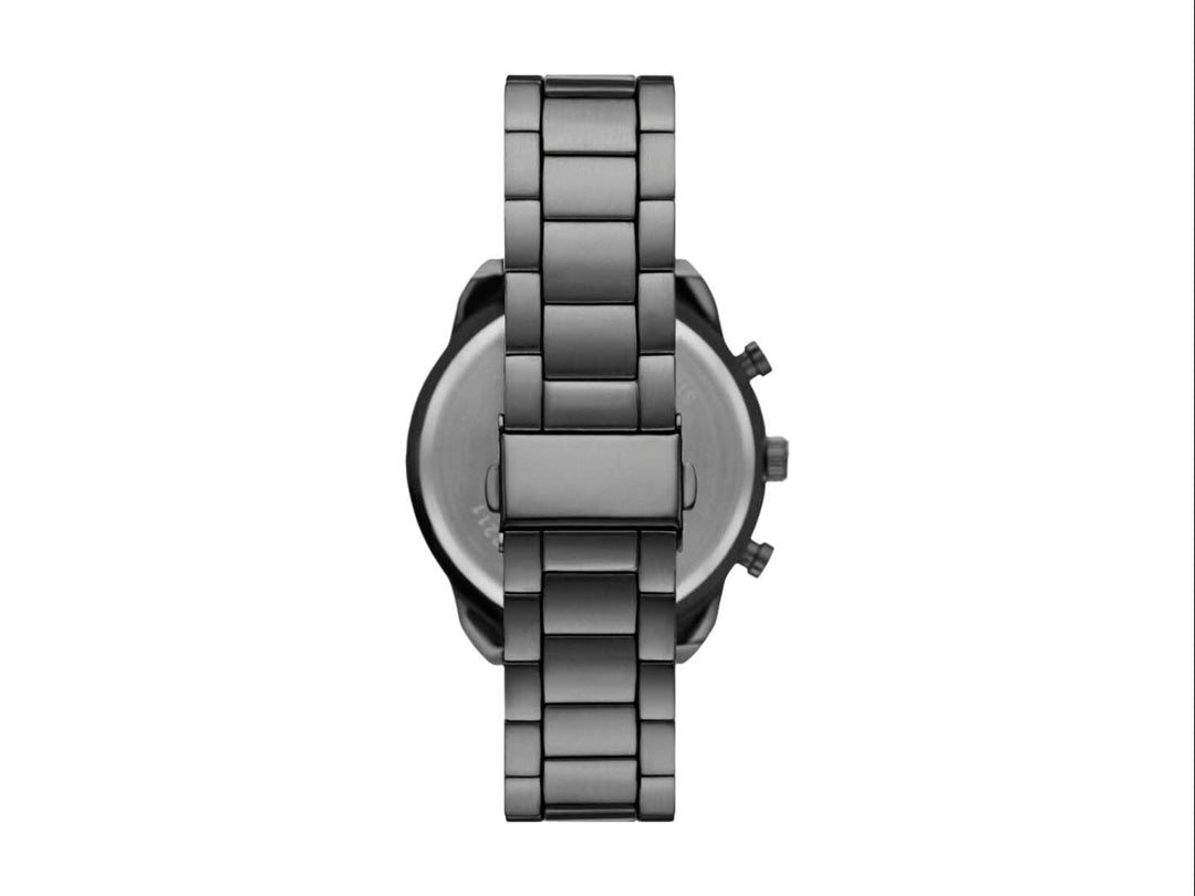 Set de 3 piezas Folio color gunmetal que incluye reloj analógico, pulsera de piedras negras y llavero metálico.
