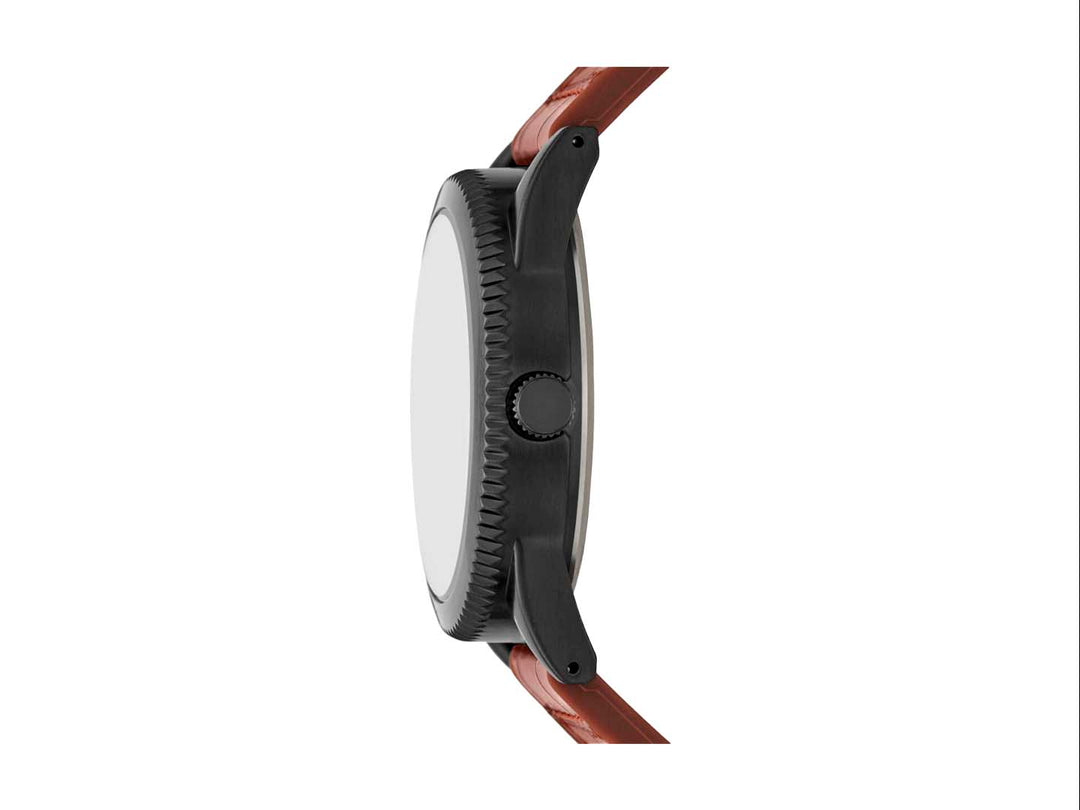 Set de 5 piezas para Hombre que incluye un reloj Folio con correa café y cuatro pulseras coordinadas en negro y madera.