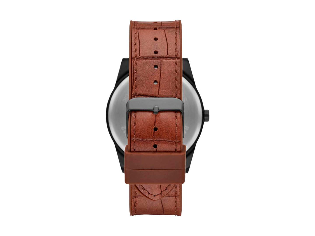 Set de 5 piezas para Hombre que incluye un reloj Folio con correa café y cuatro pulseras coordinadas en negro y madera.