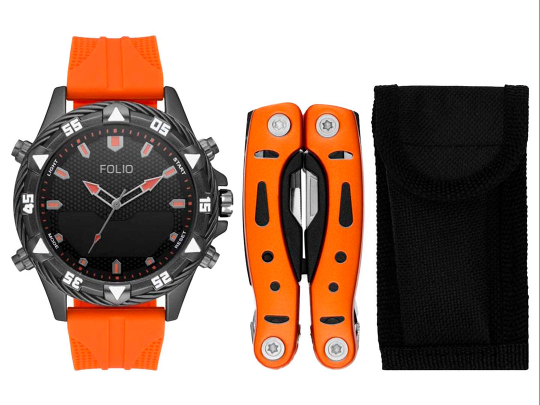 Set de 3 piezas Folio color naranja que incluye un reloj deportivo, una herramienta multiusos y un estuche negro.