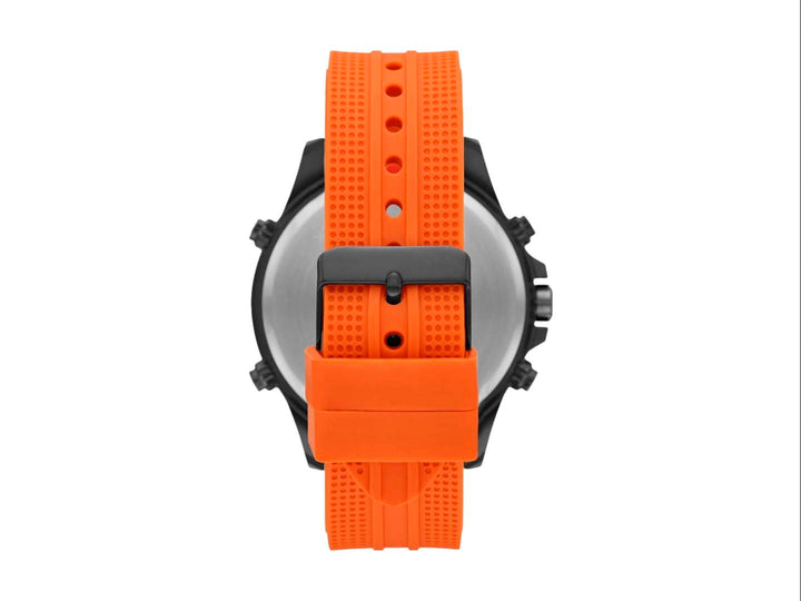 Set de 3 piezas Folio color naranja que incluye un reloj deportivo, una herramienta multiusos y un estuche negro.