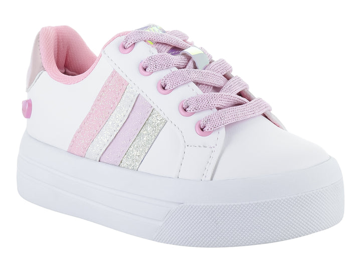 Tenis blancos para niña con cordones rosa y franjas laterales brillantes.