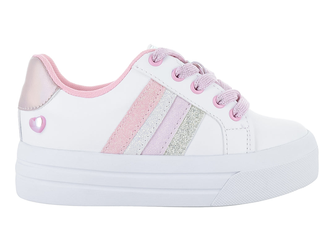 Tenis blancos para niña con cordones rosa y franjas laterales brillantes.