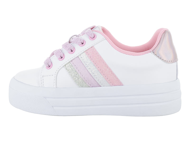 Tenis blancos para niña con cordones rosa y franjas laterales brillantes.