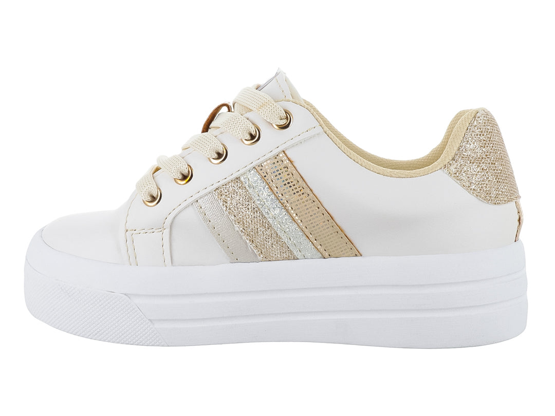 Tenis blancos de plataforma para niña con detalles laterales en glitter dorado y beige.