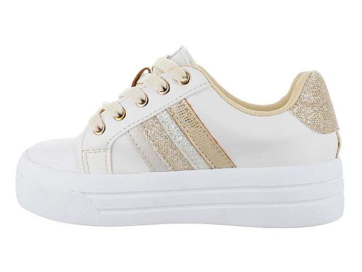 Tenis blancos de plataforma para niña con detalles laterales en glitter dorado y beige.