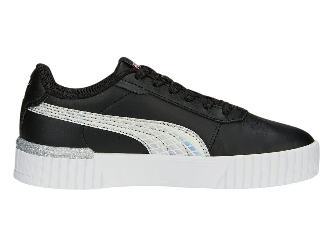 Tenis PUMA Carina 2.0 Mermaid JR en color negro con suela de plataforma blanca y detalles laterales en plata.