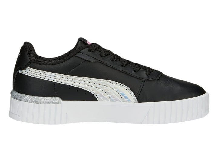 Tenis PUMA Carina 2.0 Mermaid JR en color negro con suela de plataforma blanca y detalles laterales en plata.