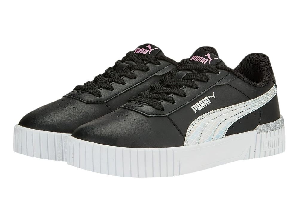 Tenis PUMA Carina 2.0 Mermaid JR en color negro con suela de plataforma blanca y detalles laterales en plata.