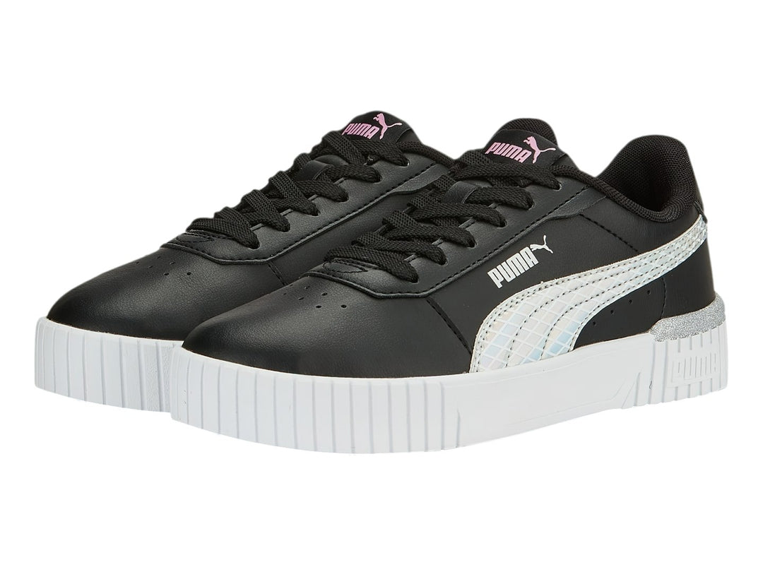 Tenis PUMA Carina 2.0 Mermaid JR en color negro con suela de plataforma blanca y detalles laterales en plata.