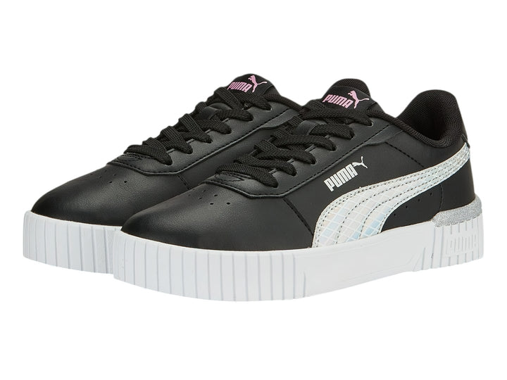 Tenis PUMA Carina 2.0 Mermaid JR en color negro con suela de plataforma blanca y detalles laterales en plata.